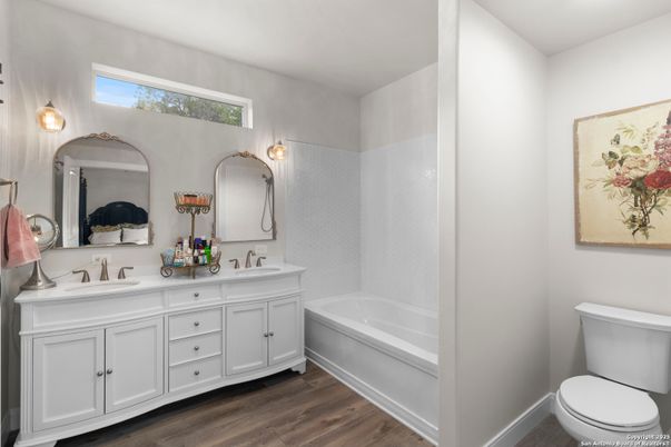 Bathroom, Dual Sink Vanities, Interior, Wood Texture Flooring
