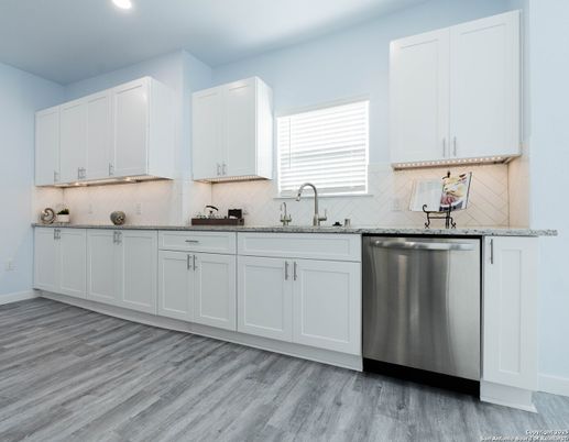 Interior, Kitchen, Recessed Lighting, Stainless Steel Appliances, Wood Texture Flooring