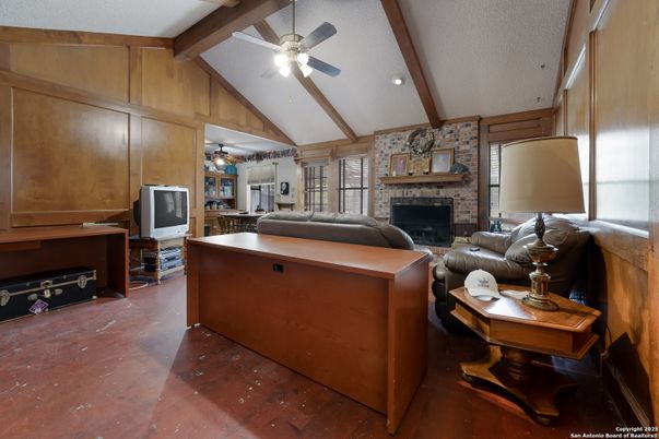 Fireplace, Interior, Living room, Recessed Lighting, Stone Walls, Wooden Beams