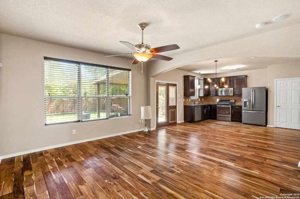Empty room, Interior, Kitchen, Pendant Lights, Wood Texture Flooring