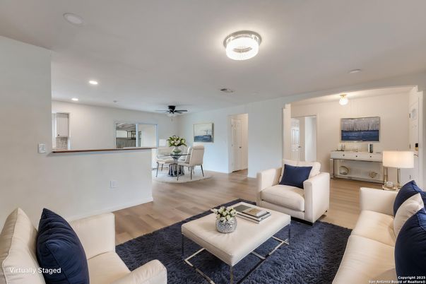Dining room, Interior, Living room, Recessed Lighting, Wood Texture Flooring