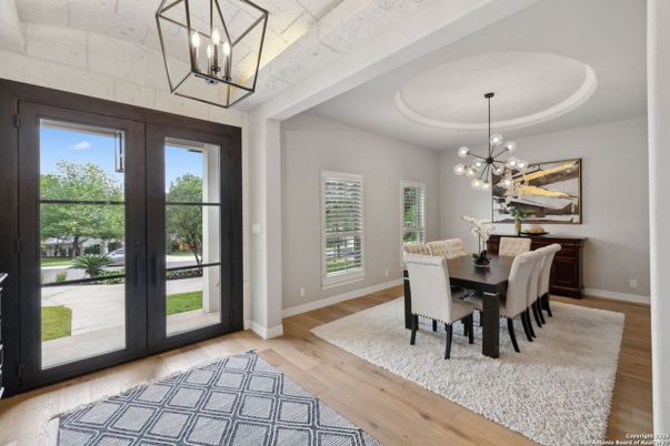 Dining room, Interior, Pendant Lights, Wood Texture Flooring