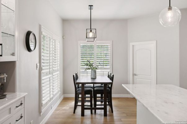 Dining room, Interior, Pendant Lights, Wood Texture Flooring