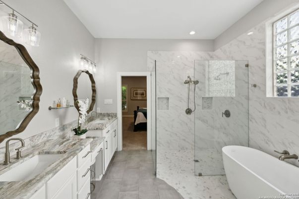 Bathroom, Dual Sink Vanities, Free Standing Baths, Glass Shower, Interior, Marble, Marble Walls, Recessed Lighting