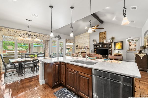 Dining room, Fireplace, Interior, Kitchen, Pendant Lights, Recessed Lighting, Stone Walls, Wood Texture Flooring