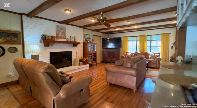 Fireplace, Interior, Living room, Recessed Lighting, Stone Walls, Wooden Beams, Wood Texture Flooring