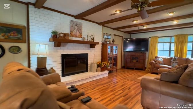 Fireplace, Interior, Living room, Recessed Lighting, Stone Walls, Wooden Beams, Wood Texture Flooring
