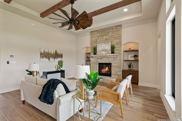 Fireplace, Interior, Living room, Recessed Lighting, Stone Walls, Wooden Beams, Wood Texture Flooring
