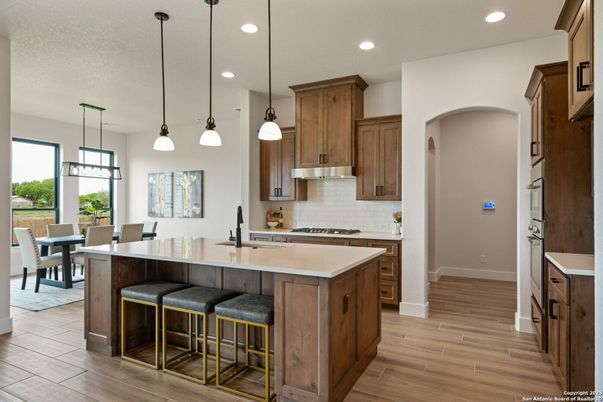 Dining room, Interior, Kitchen, Pendant Lights, Recessed Lighting, Wood Texture Flooring