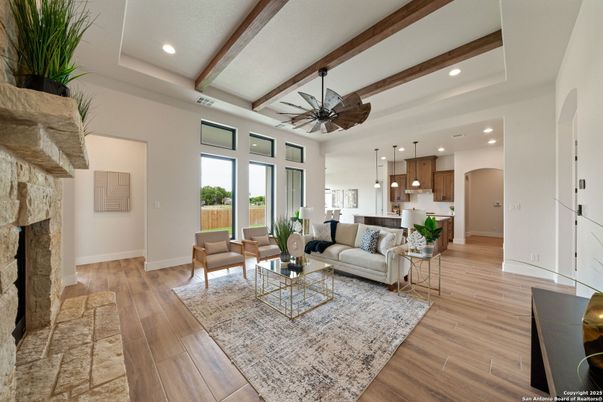 Fireplace, Interior, Kitchen, Living room, Pendant Lights, Recessed Lighting, Wooden Beams, Wood Texture Flooring