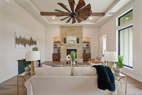 Fireplace, Interior, Living room, Recessed Lighting, Stone Walls, Wooden Beams, Wood Texture Flooring