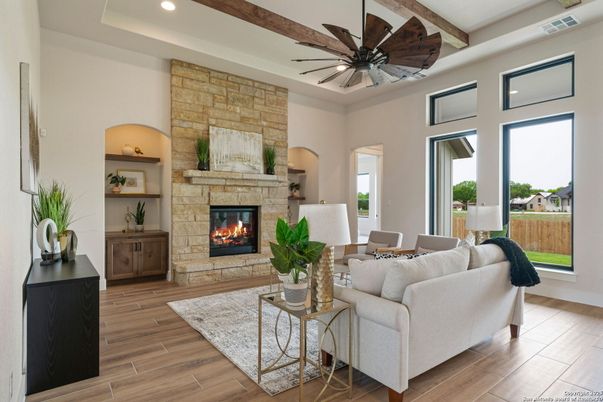 Fireplace, Interior, Living room, Recessed Lighting, Stone Walls, Wooden Beams, Wood Texture Flooring