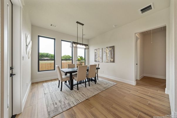 Dining room, Interior, Pendant Lights, Wood Texture Flooring