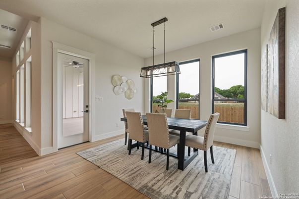 Dining room, Interior, Pendant Lights, Wood Texture Flooring