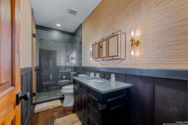 Bathroom, Glass Shower, Interior, Recessed Lighting, Wood Texture Flooring