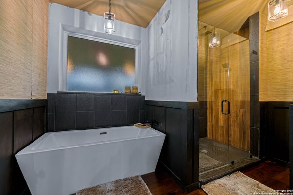 Bathroom, Free Standing Baths, Glass Shower, Interior, Wood Texture Flooring
