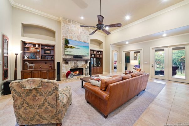 Fireplace, Interior, Living room, Recessed Lighting, Stone Walls
