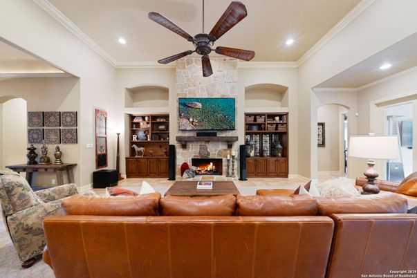 Fireplace, Interior, Living room, Recessed Lighting, Stone Walls