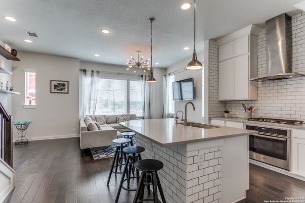 Interior, Kitchen, Living room, Pendant Lights, Recessed Lighting, Stainless Steel Appliances, Wood Texture Flooring