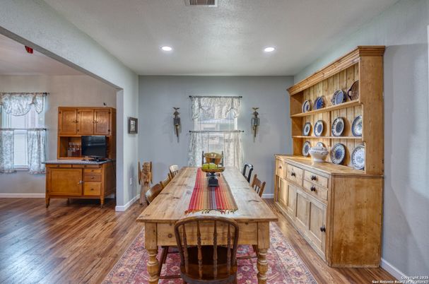 Dining room, Interior, Recessed Lighting, Wood Texture Flooring