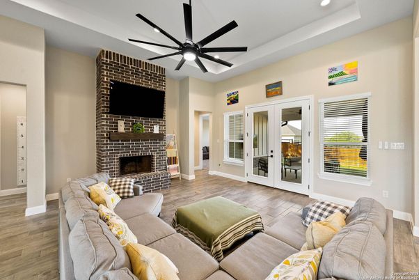 Fireplace, Interior, Living room, Recessed Lighting, Wood Texture Flooring