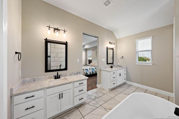 Bathroom, Dual Sink Vanities, Free Standing Baths, Interior, Marble