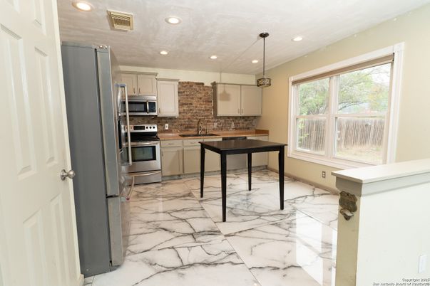 Interior, Kitchen, Marble, Pendant Lights, Recessed Lighting, Stainless Steel Appliances