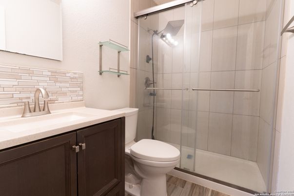 Bathroom, Glass Shower, Interior, Wood Texture Flooring