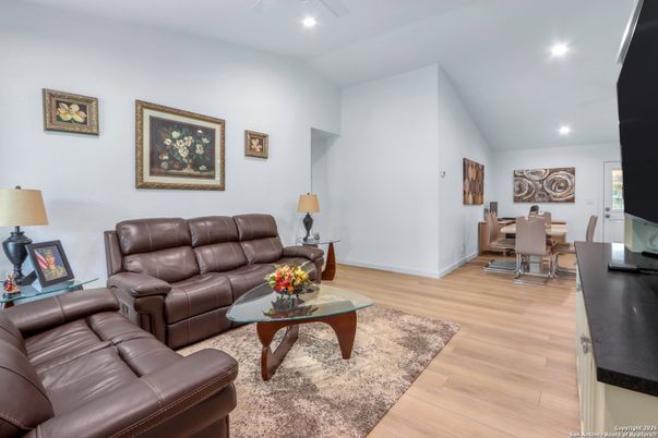 Dining room, Interior, Living room, Recessed Lighting, Wood Texture Flooring