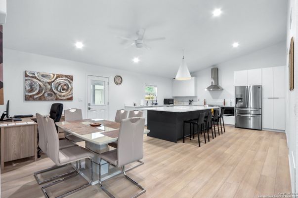 Dining room, Interior, Kitchen, Recessed Lighting, Stainless Steel Appliances, Wood Texture Flooring