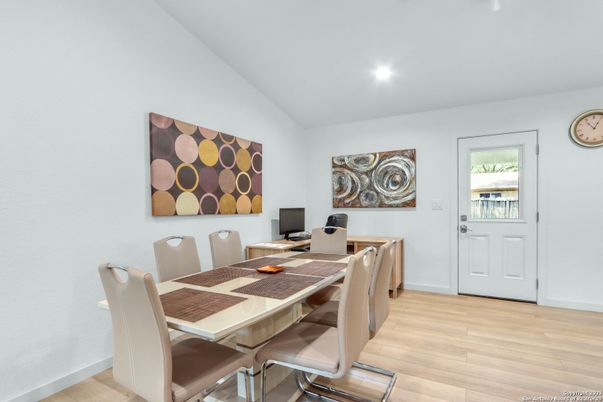 Dining room, Interior, Recessed Lighting, Wood Texture Flooring