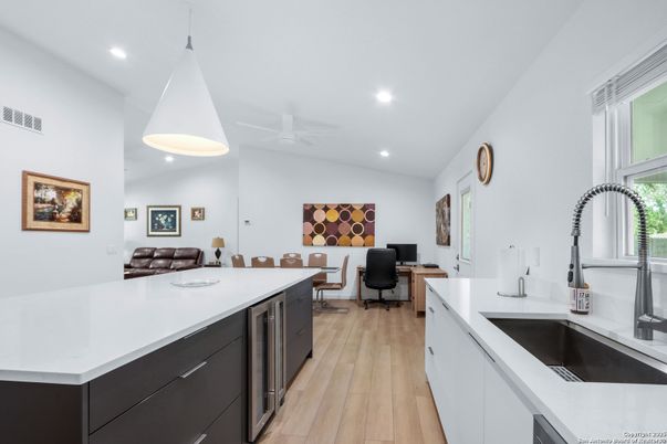 Home Office, Interior, Kitchen, Pendant Lights, Recessed Lighting, Wood Texture Flooring
