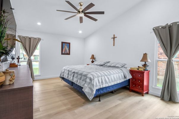 Bedroom, Interior, Recessed Lighting, Wood Texture Flooring