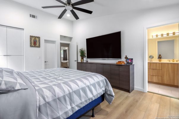 Bedroom, Interior, Recessed Lighting, Wood Texture Flooring