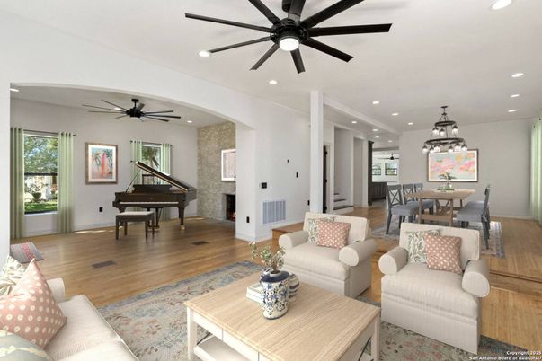 Dining room, Fireplace, Interior, Living room, Pendant Lights, Piano, Recessed Lighting, Wood Texture Flooring