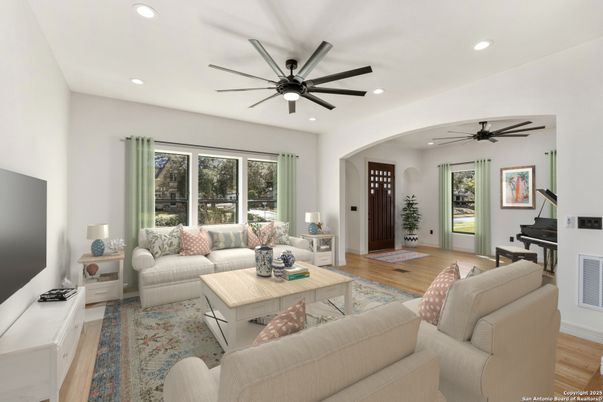 Interior, Living room, Piano, Recessed Lighting, Wood Texture Flooring