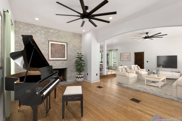Fireplace, Interior, Living room, Piano, Recessed Lighting, Stone Walls, Wood Texture Flooring