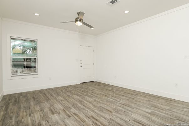 Empty room, Interior, Recessed Lighting, Wood Texture Flooring