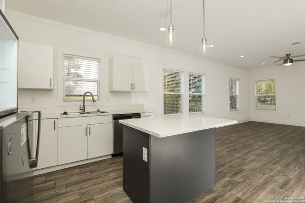 Interior, Kitchen, Pendant Lights, Recessed Lighting, Wood Texture Flooring