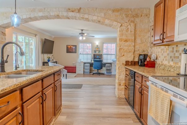 Interior, Kitchen, Pendant Lights, Stone Walls, Wood Texture Flooring
