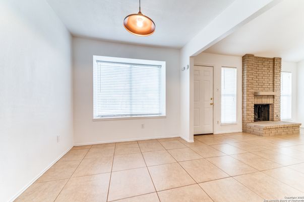 Empty room, Fireplace, Interior, Pendant Lights, Stone Walls