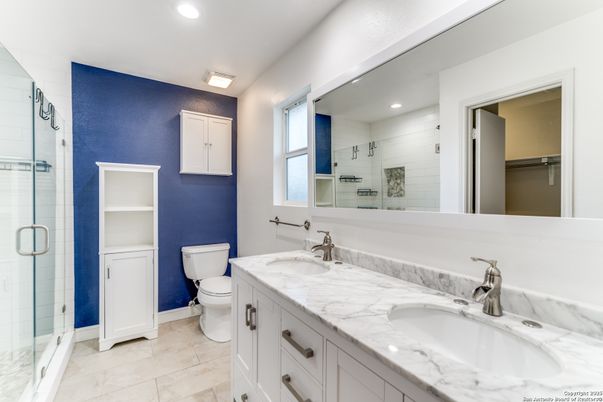 Bathroom, Dual Sink Vanities, Glass Shower, Interior, Recessed Lighting