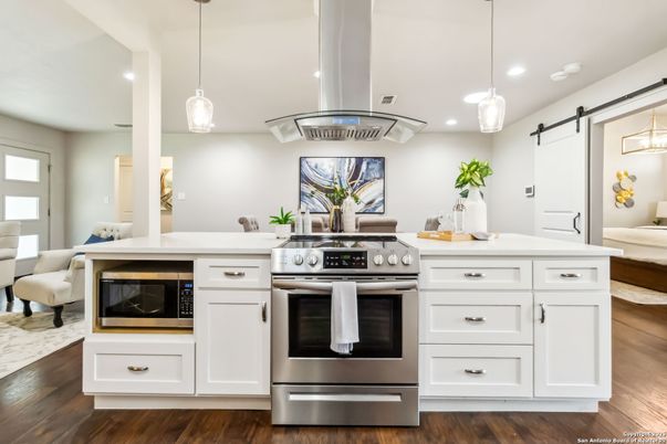 Interior, Kitchen, Pendant Lights, Recessed Lighting, Stainless Steel Appliances, Wood Texture Flooring