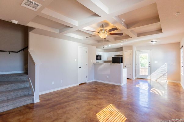 Empty room, Interior, Kitchen, Recessed Lighting, Wood Texture Flooring