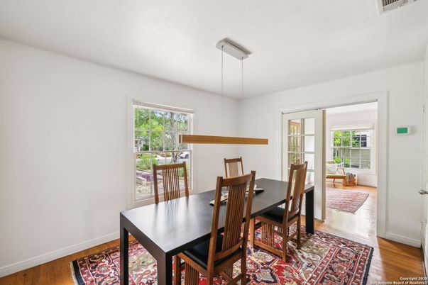Dining room, Interior, Pendant Lights, Wood Texture Flooring