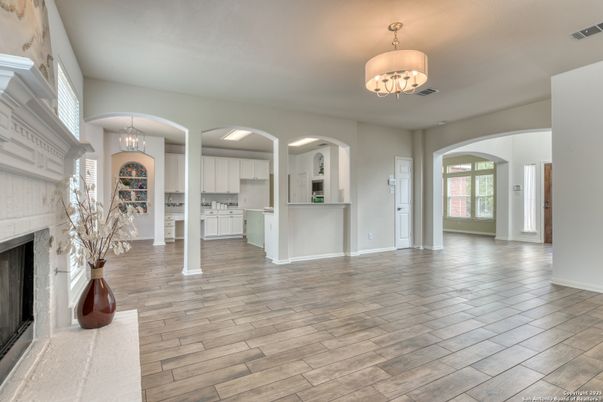 Chandelier, Fireplace, Interior, Kitchen, Pendant Lights, Wood Texture Flooring