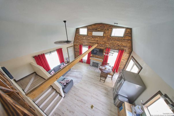 Fireplace, Interior, Living room, Pendant Lights, Wood Texture Flooring