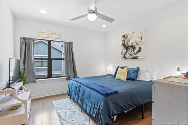 Bedroom, Interior, Recessed Lighting, Wood Texture Flooring