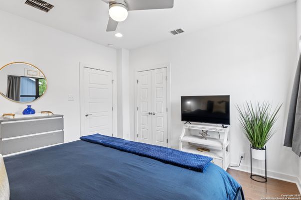 Bedroom, Interior, Recessed Lighting, Wood Texture Flooring
