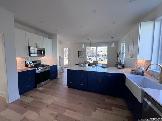 Interior, Kitchen, Pendant Lights, Stainless Steel Appliances, Wood Texture Flooring